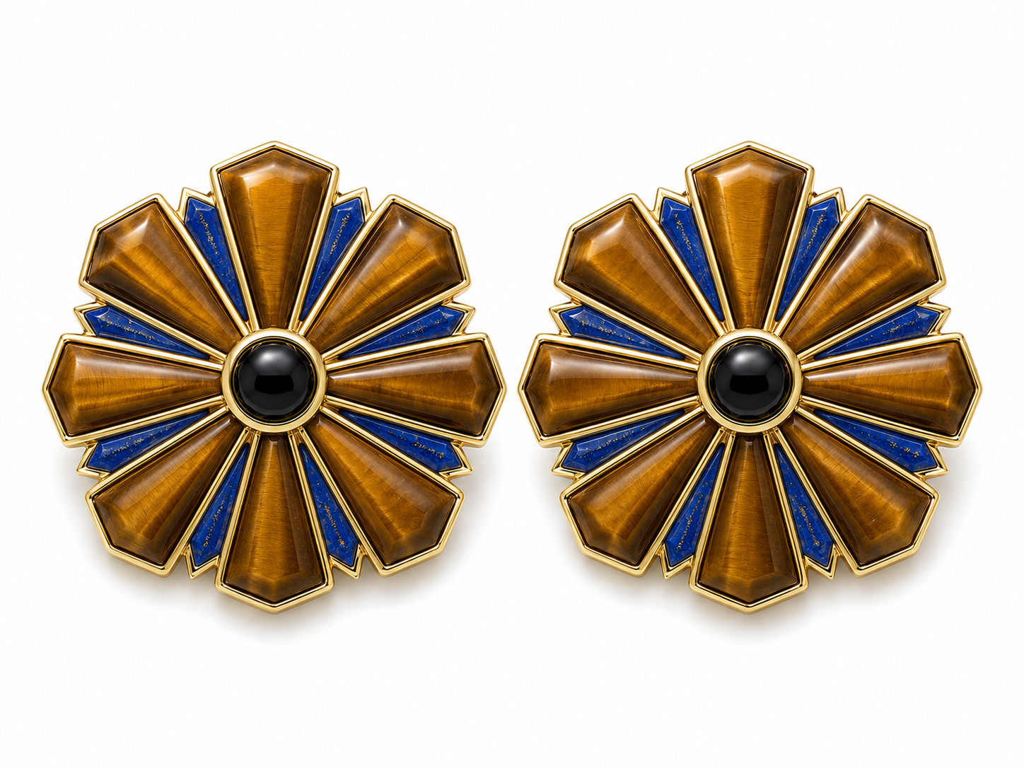 RAYA Tiger’s Eye, Lapis & Onyx Earrings in 18KT Yellow Gold