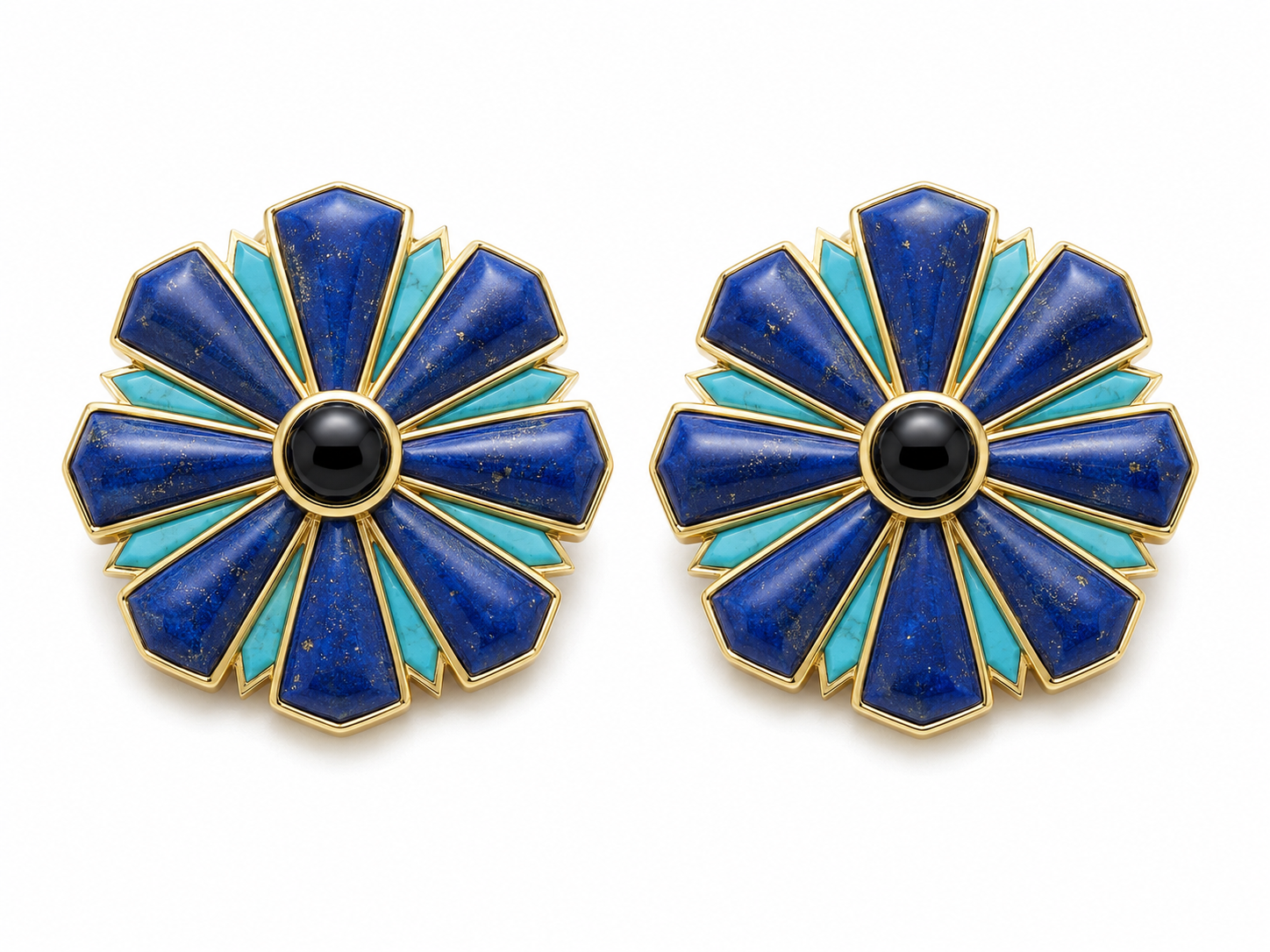 RAYA Lapis, Turquoise & Onyx Earrings in 18KT Yellow Gold