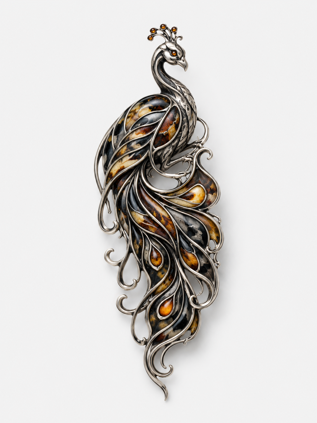 VANA PEACOCK SILVER PENDANT-BROOCH