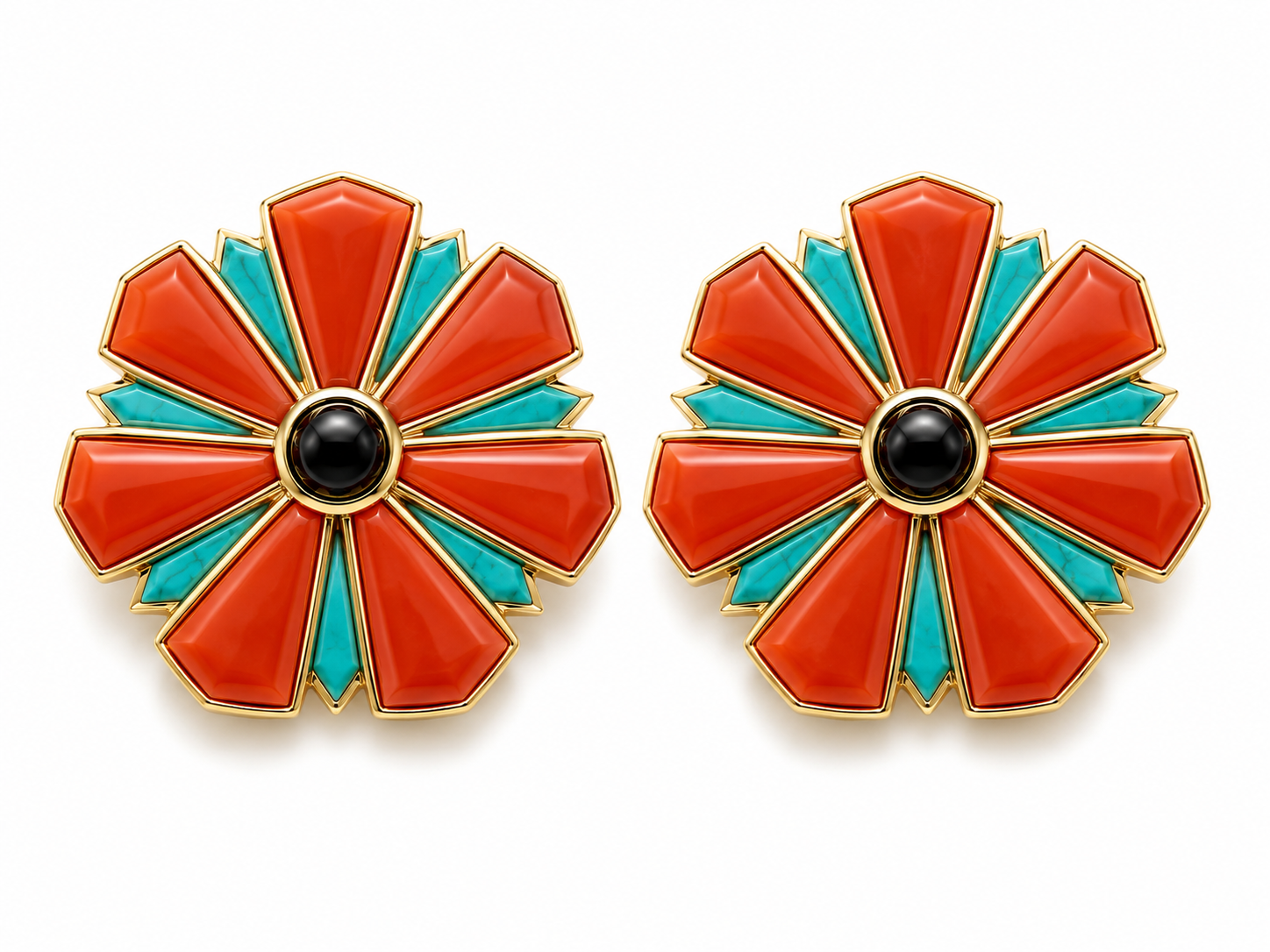 RAYA Coral, Turquoise & Onyx Earrings in 18KT Yellow Gold
