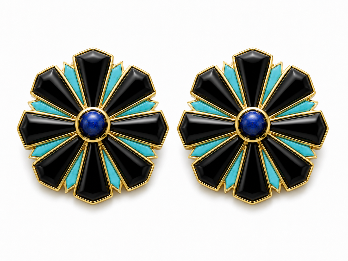 RAYA Onyx, Turquoise & Lapis Earrings in 18KT Yellow Gold
