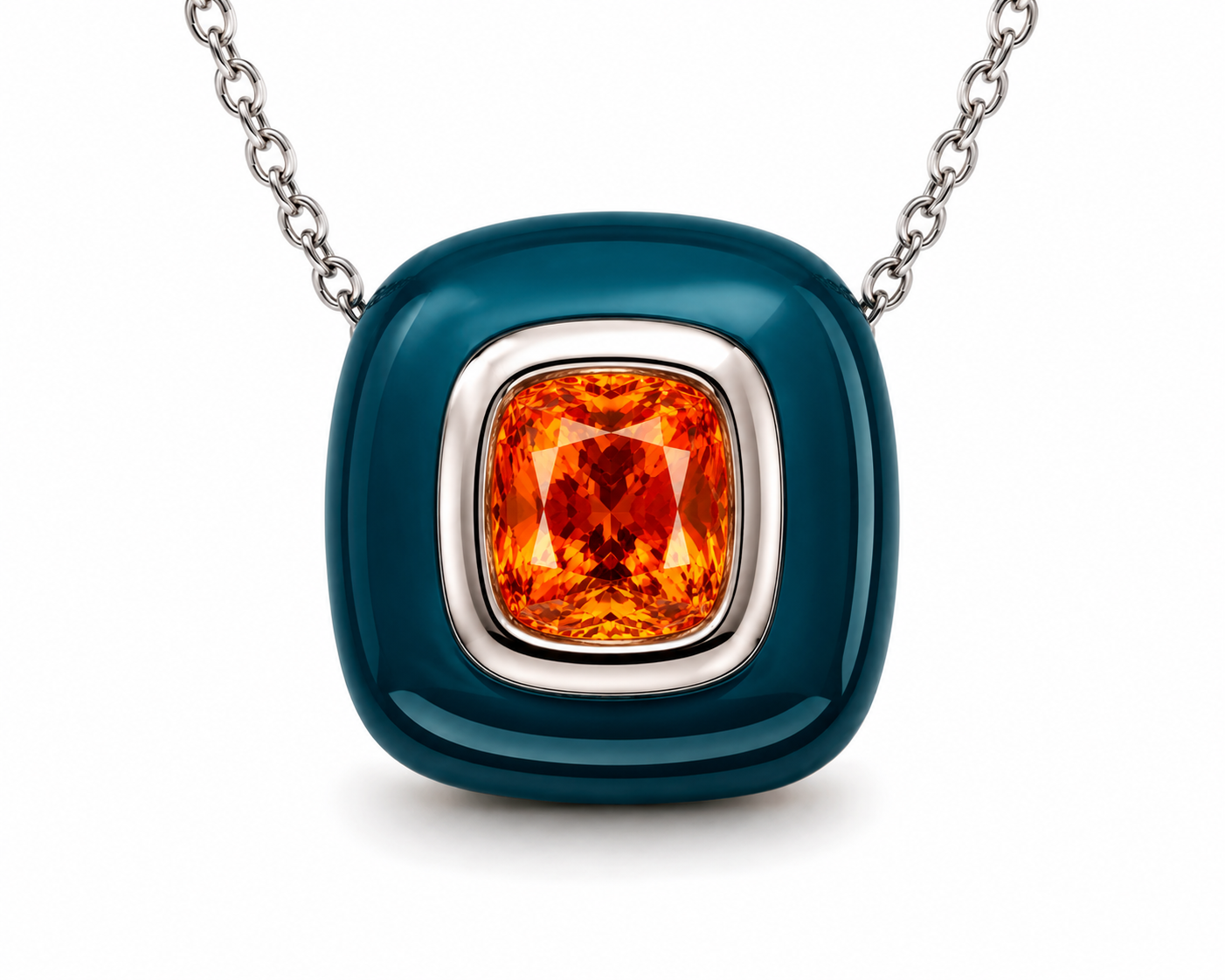 ATLAS Deep Teal Enamel & Mandarin Garnet Pendant in Platinum 950
